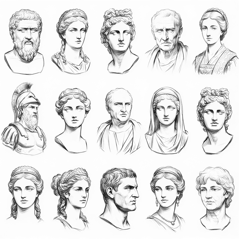 Sketched portraits of classical Stoic philosophers